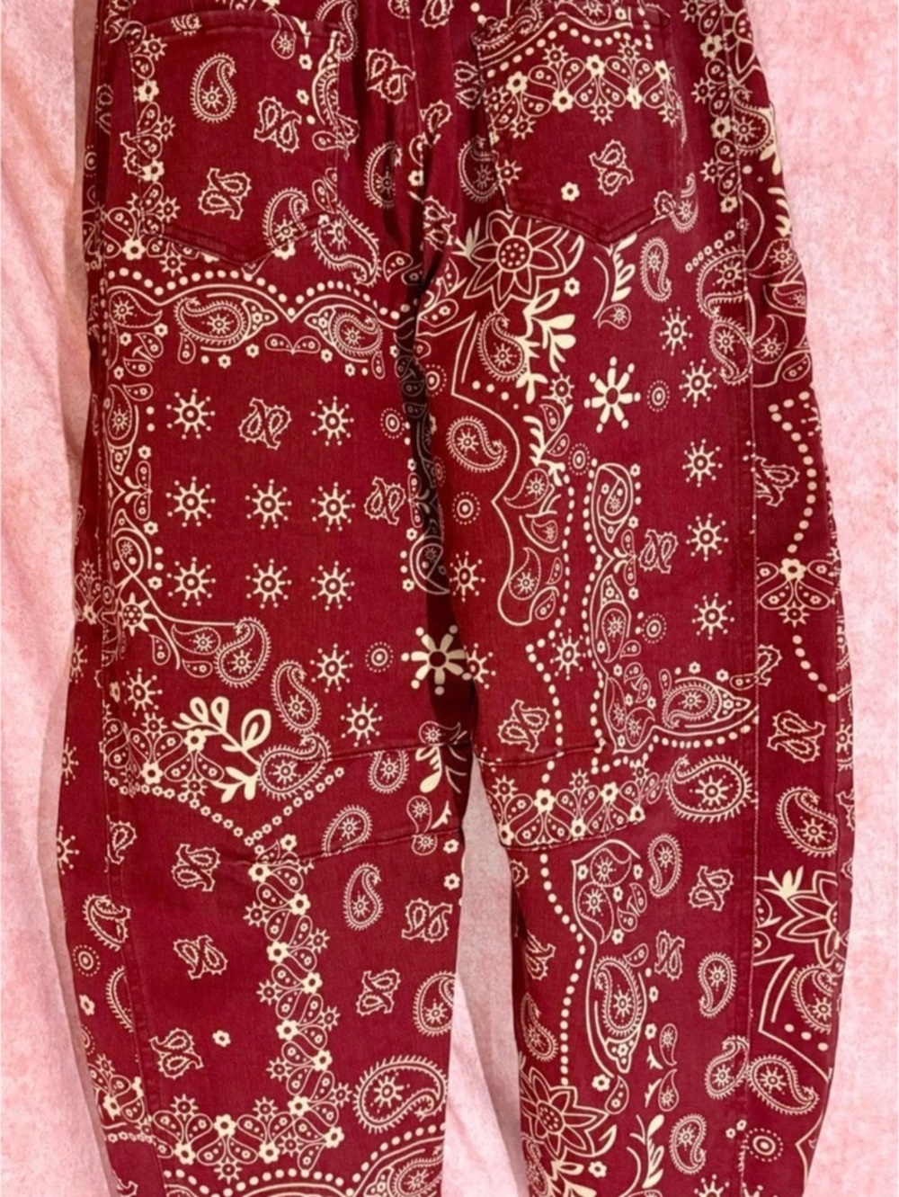 Paisley Ankle Barrel Jeans in Rust Red & White. Size Large
